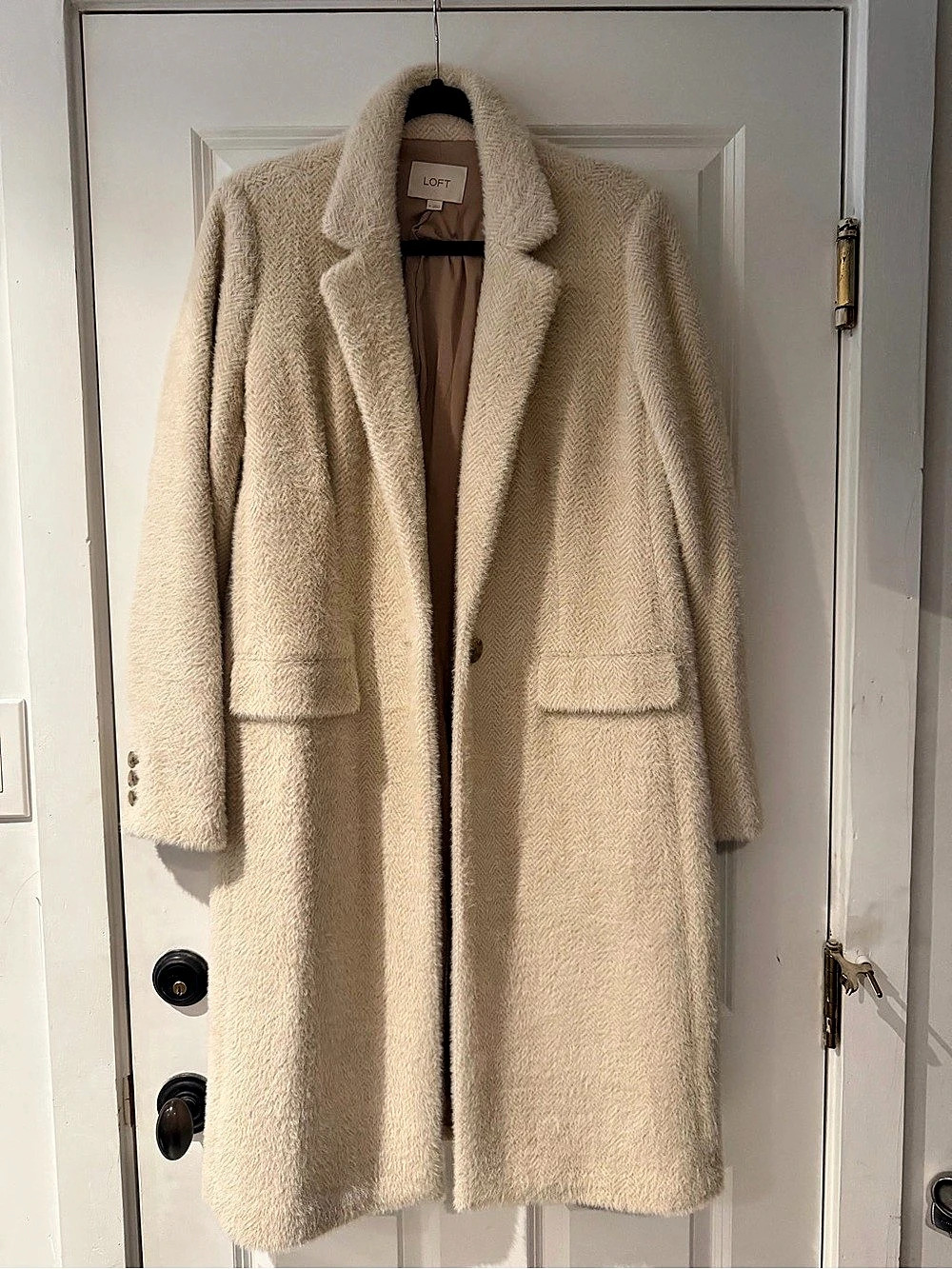 LOFT Cozy Herringbone Coat Teddy Jacket Beige Medium